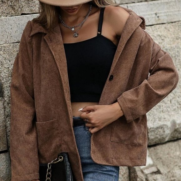. Jackets & Blazers - boho pactch pocket button front corduroy jacket coat casual streetwear brown